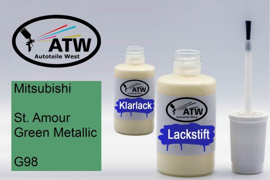 Mitsubishi, St. Amour Green Metallic, G98: 20ml Lackstift + 20ml Klarlack - Set, von ATW Autoteile West.